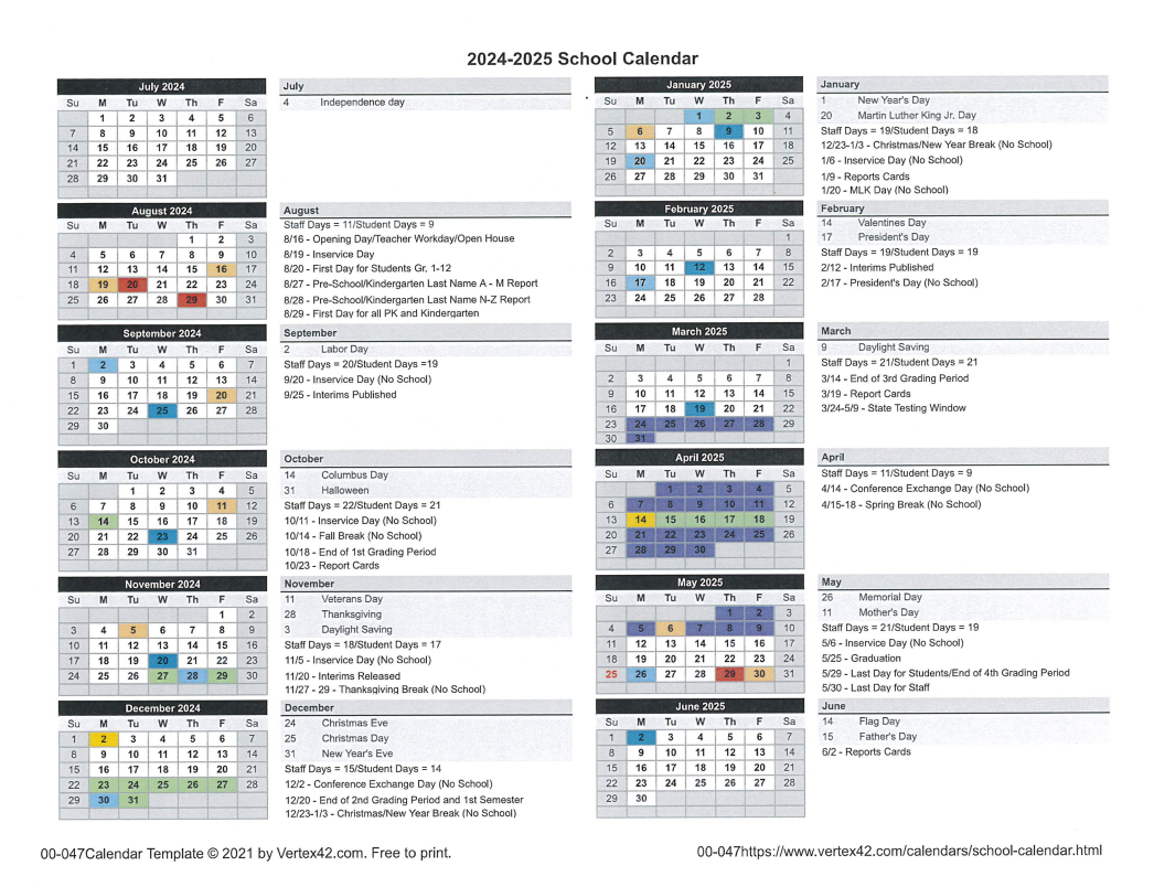 2024-2025 District School Calendar